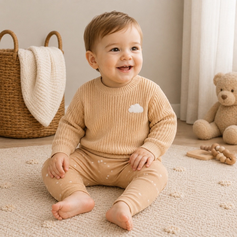 Cloud Island Baby 18M Tan Knit Sweater and Star Print Leggings Set Cloud Patch